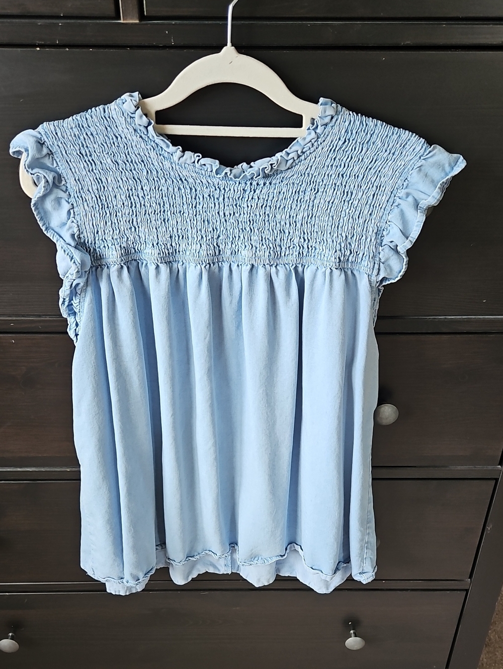 Light Blue Smocked Ruffle Sleeve Blouse